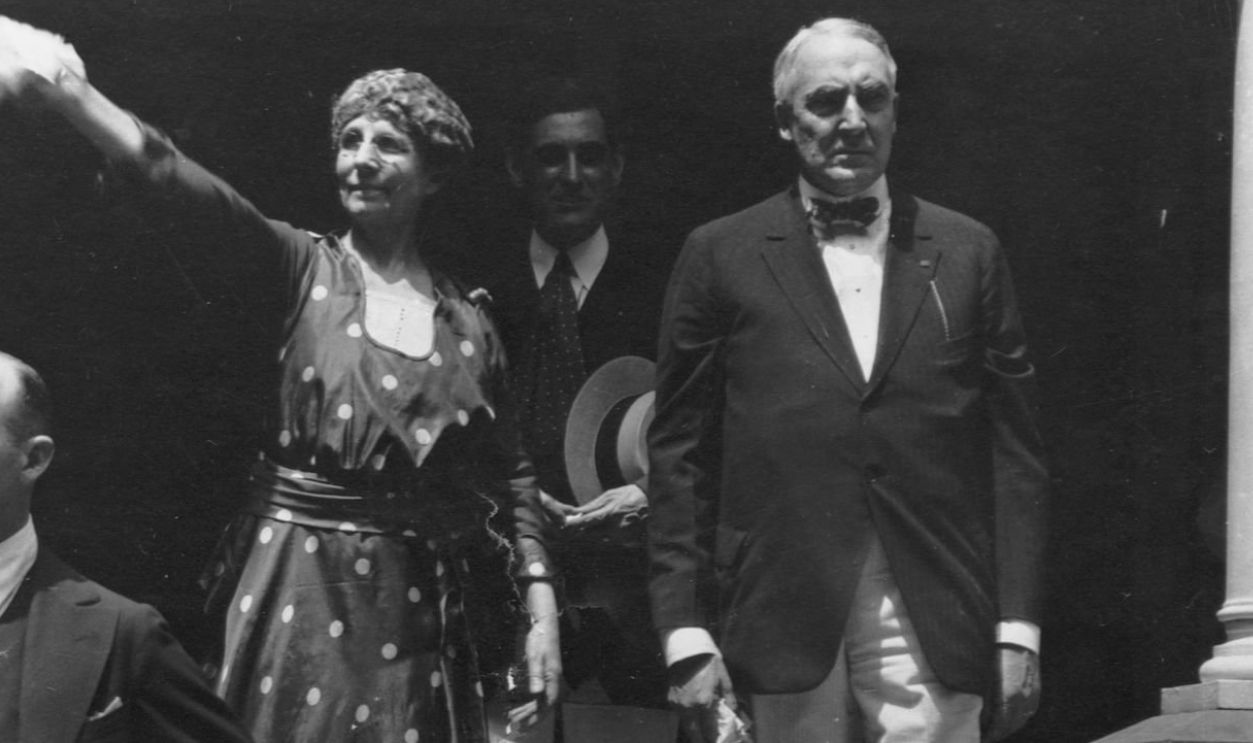 Warren G. Harding and his wife Florence on the front porch of the Harding house in Marion, Ohio, from which Harding conducted his successful campaign for the Presidency. 