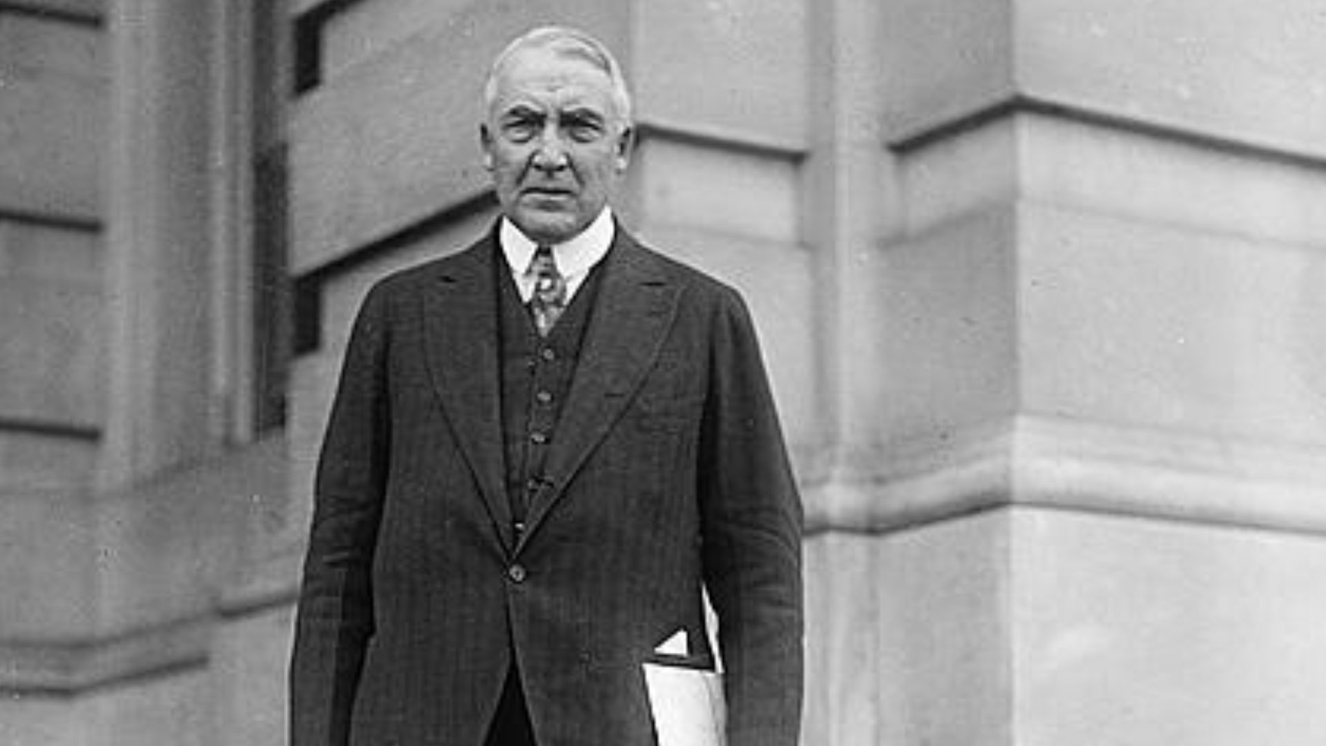 Photo of U.S. Senator Warren G. Harding on steps.