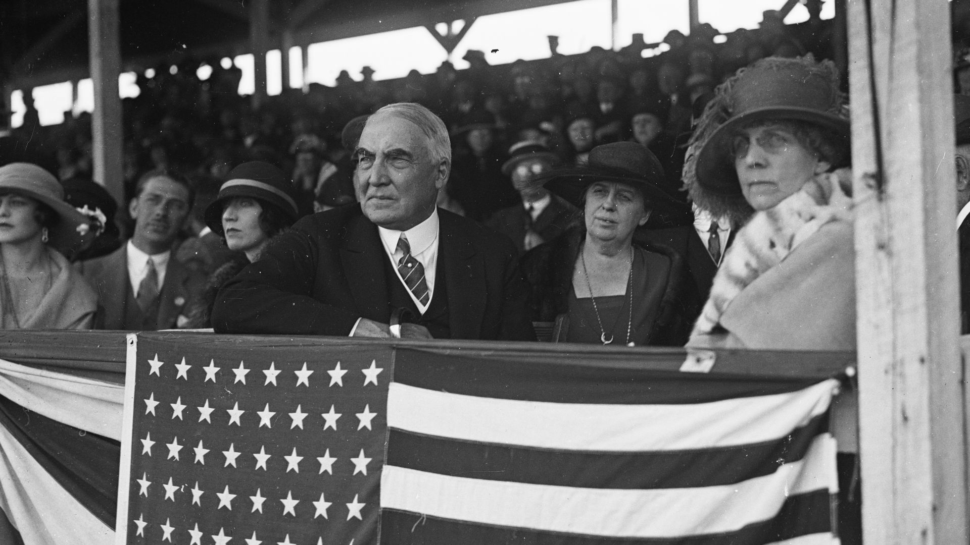 Title: President and Mrs. Harding in stands
Abstract/medium: 1 negative : glass ; 4 x 5 in. or smaller