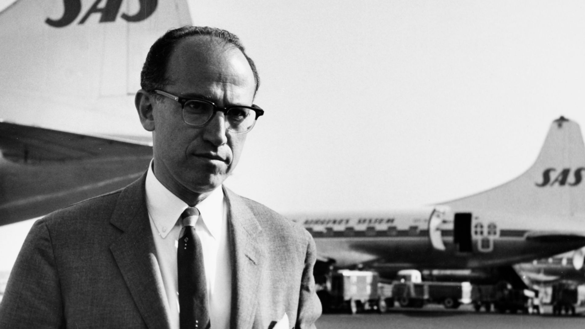 Dr Jonas Edward Salk, creator of Salk polio vaccine, at Copenhagen Airport.