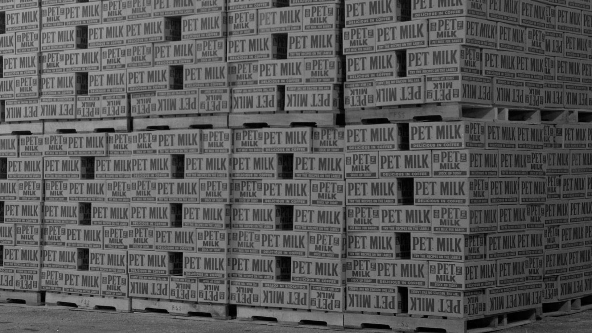 Collection Name: Commerce and Industrial Development Photograph Collection 
Photographer/Studio: Massie, Gerald R.
Description: Tall stacks of PET Milk boxes inside large underground warehouse.
Coverage: United States - Missouri - Newton - Neosho
Date: No