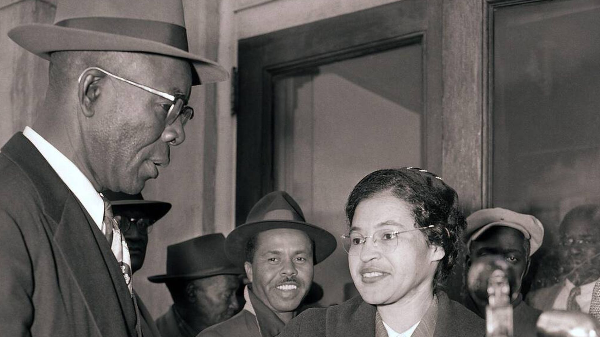 Mrs. Rosa Parks and E.D. Nixon, left, former president of the Alabama NAACP, arrive at court in Montgomery March 19, 1956 for the trial in the racial bus boycott.