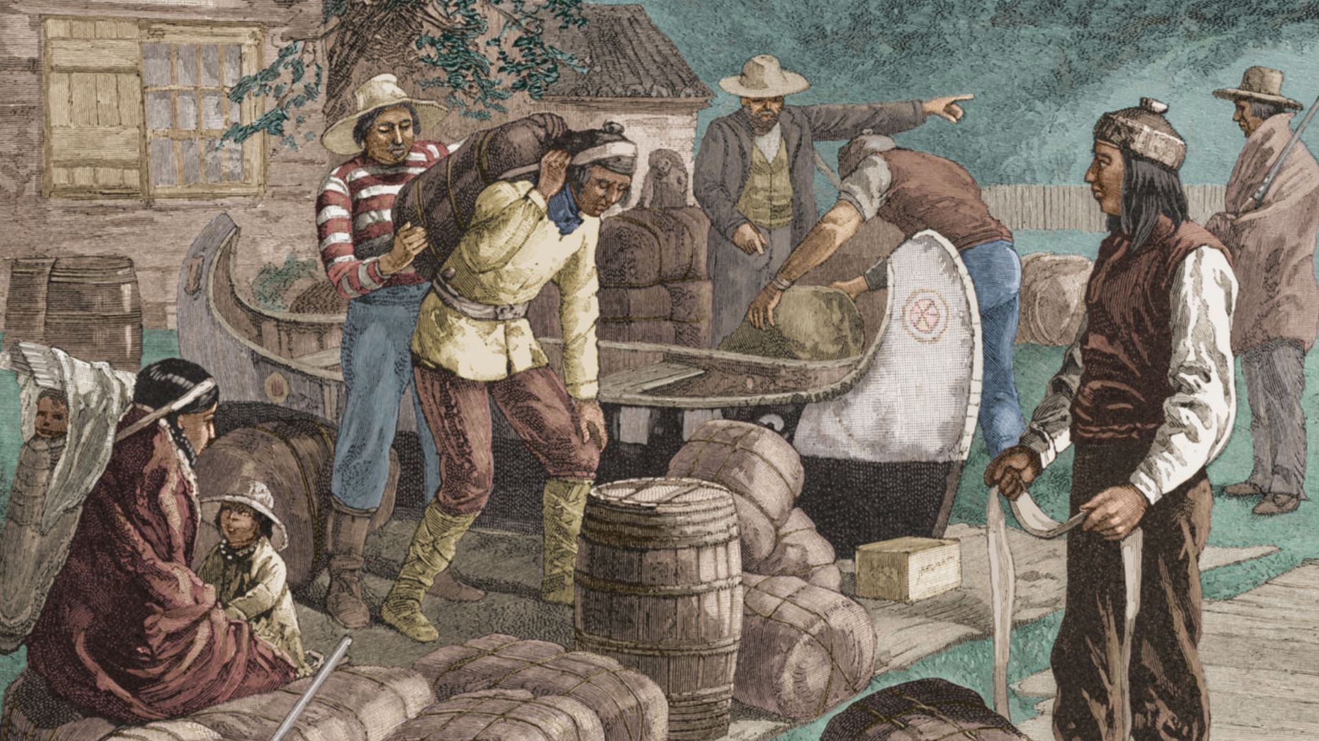 Indians trade 90-lb packs of furs at a Hudson's Bay Company trading post in the 1800's.