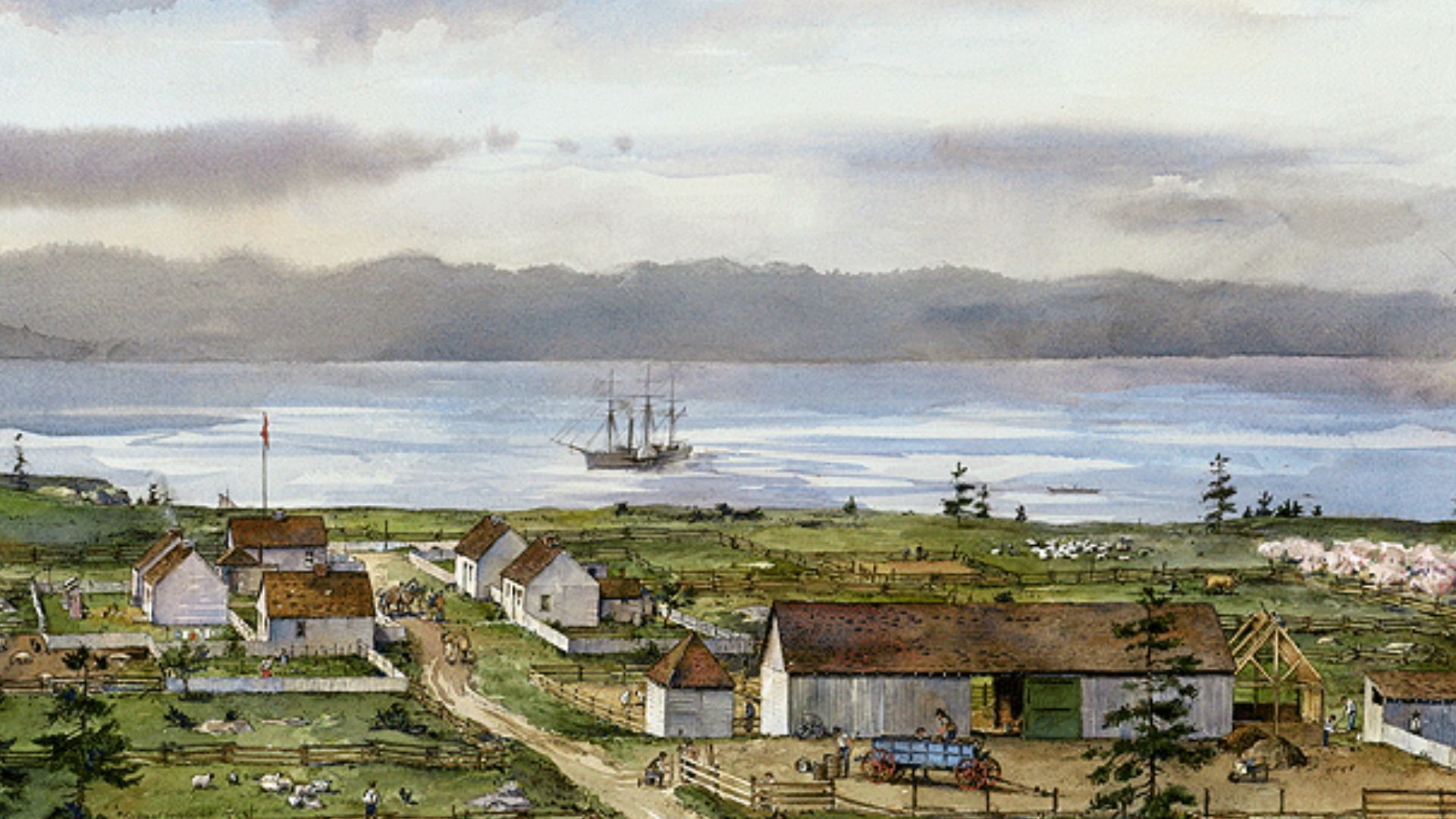 Watercolor of Belle Vue sheep farm San Juan Island at time of Pig War