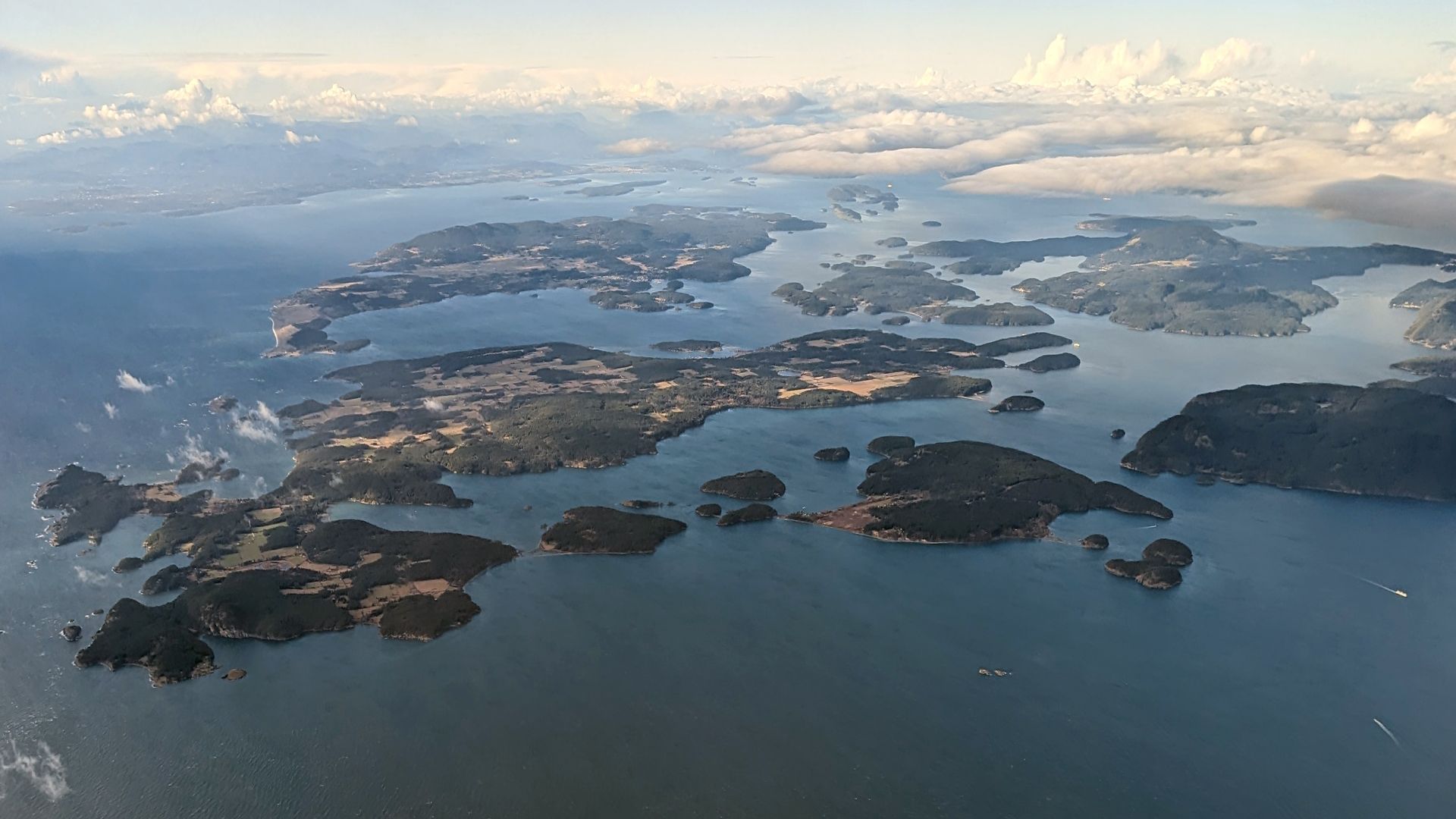 Aerial view of the San Juan Islands from the southeast, December 2023, from an Alaska Airlines flight from BLI to SEA
