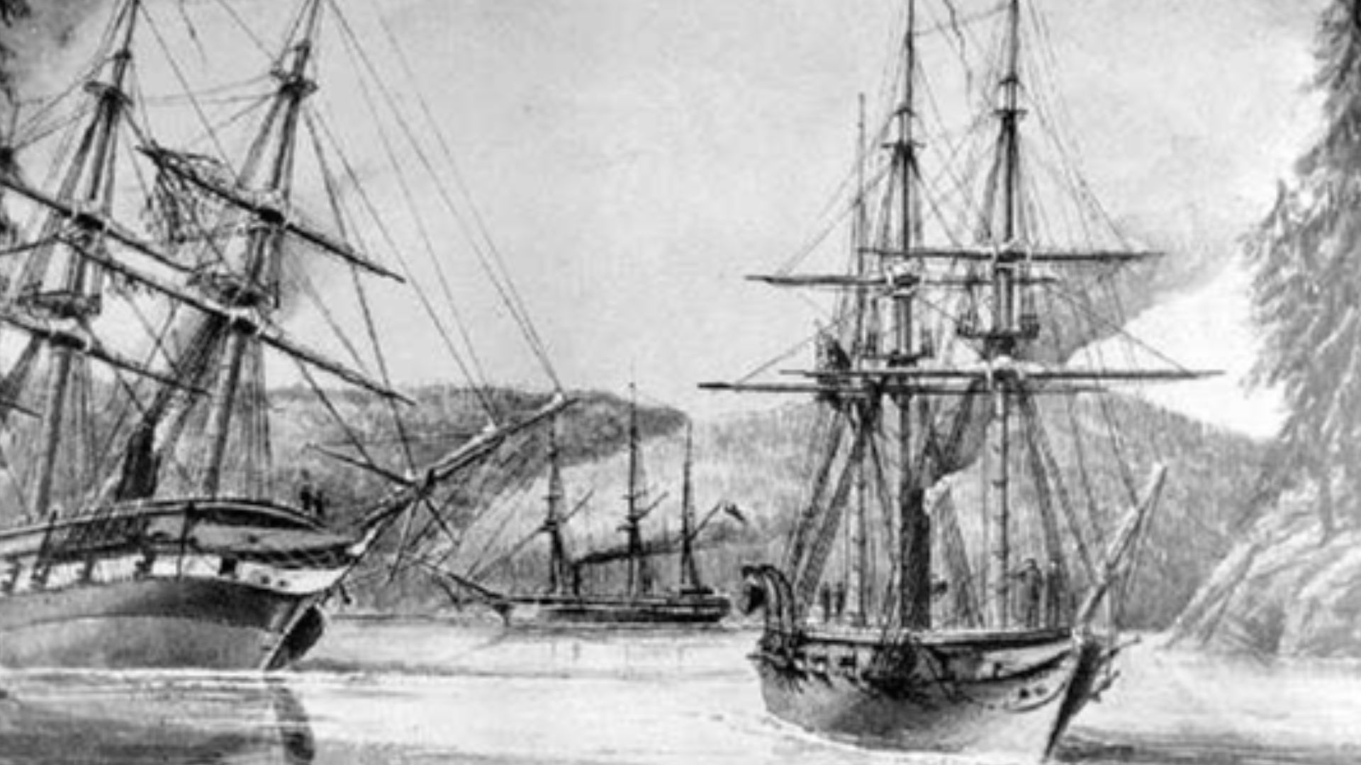 HMS Plumper (right), with HMS Termagant (left) and HMS Alert at Esquimalt in the late 1850s