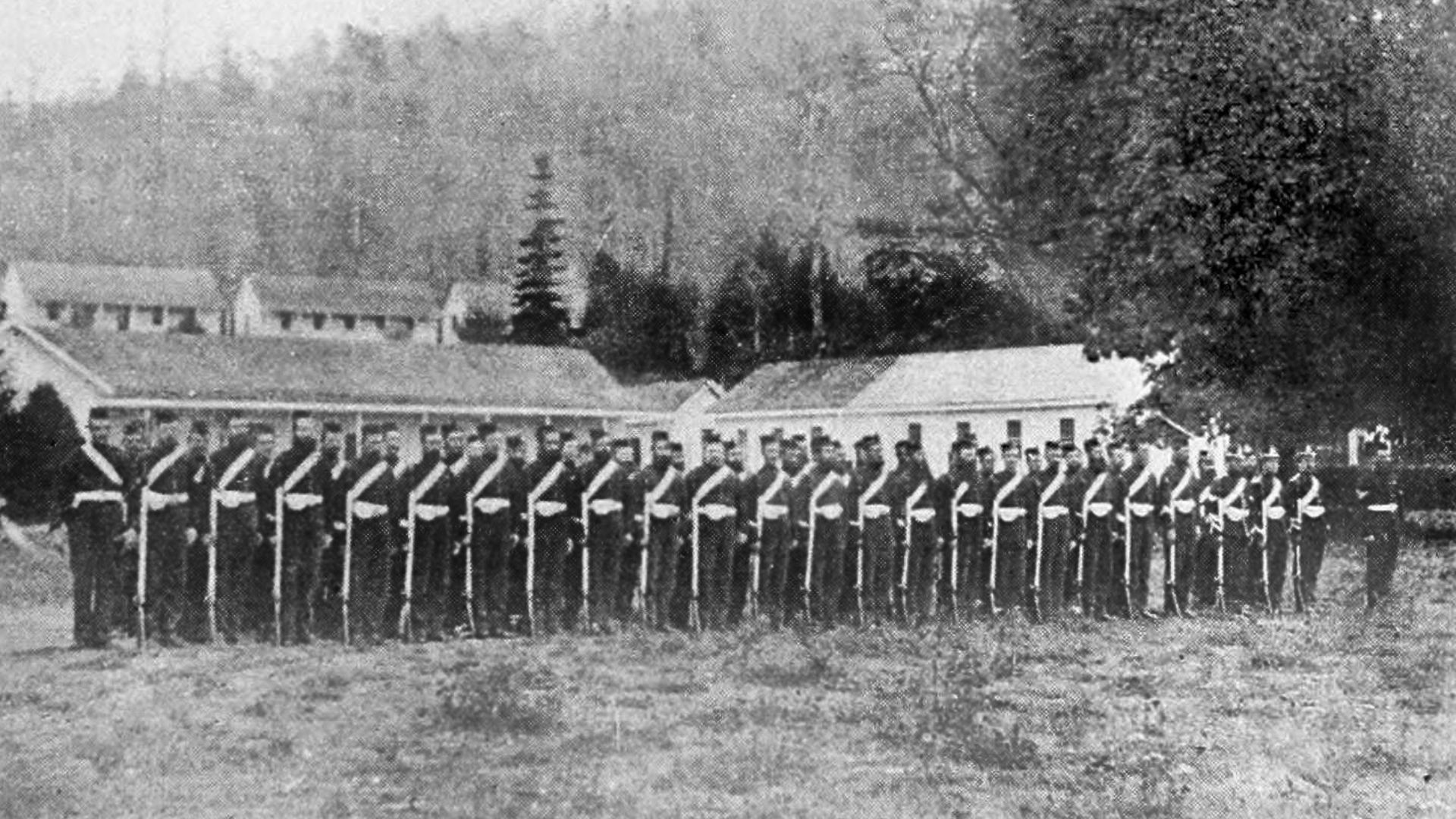 British troops evacuate English Camp on San Juan Island, Washington Territory, in 1872, following resolution of boundary dispute by arbitration. Restored version of the file