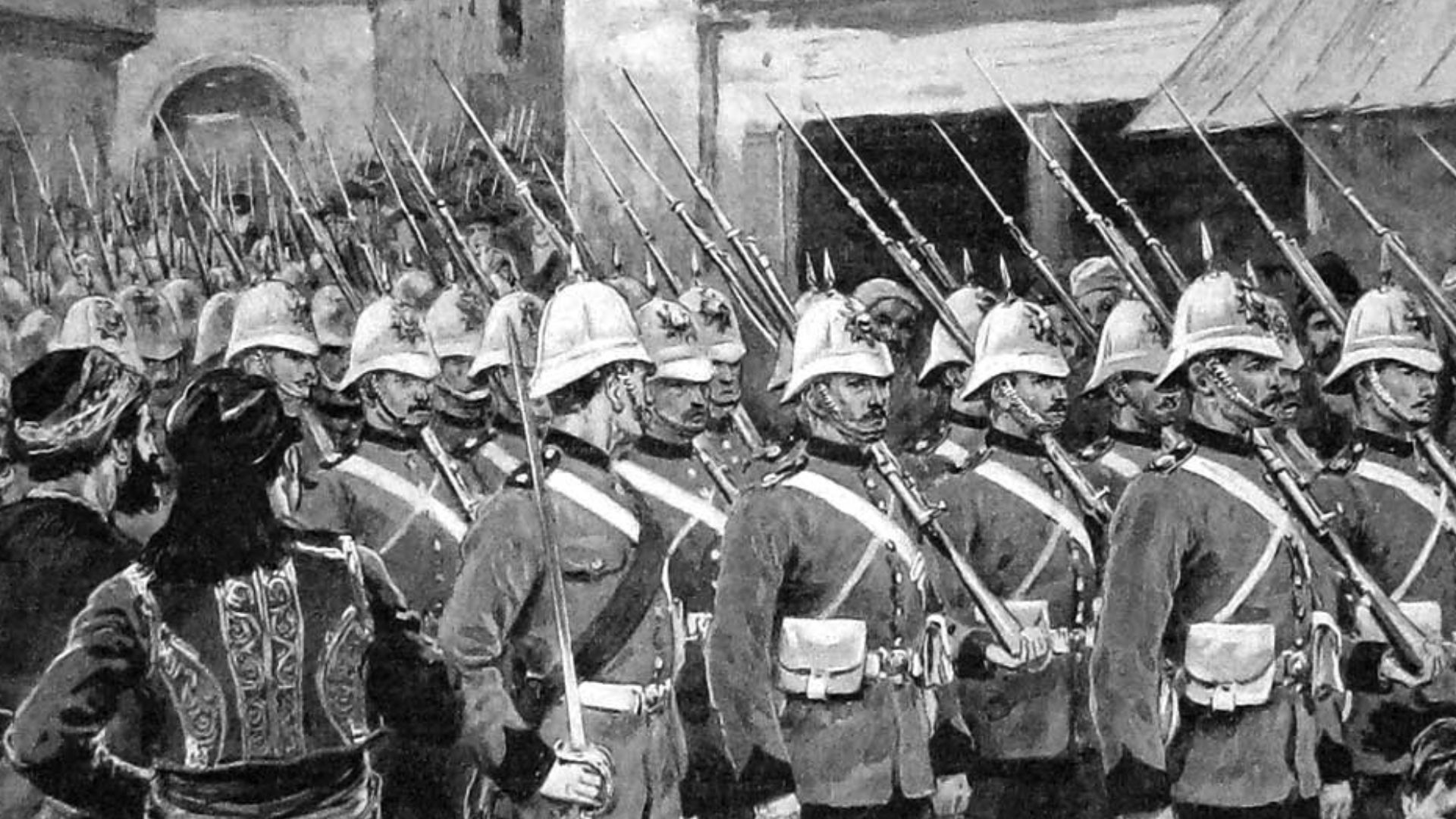 Royal Marines parade in the streets of Canea (Chania) in Crete following the occupation of the island by the Great Powers in spring 1897, Front page image.