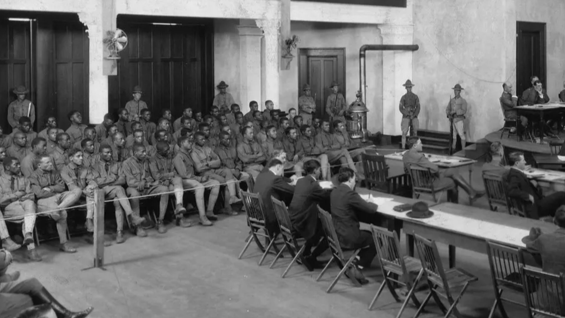 Members of an all-Black unit known as the Buffalo Soldiers on trial at Fort Sam Houston in San Antonio, Texas in 1917