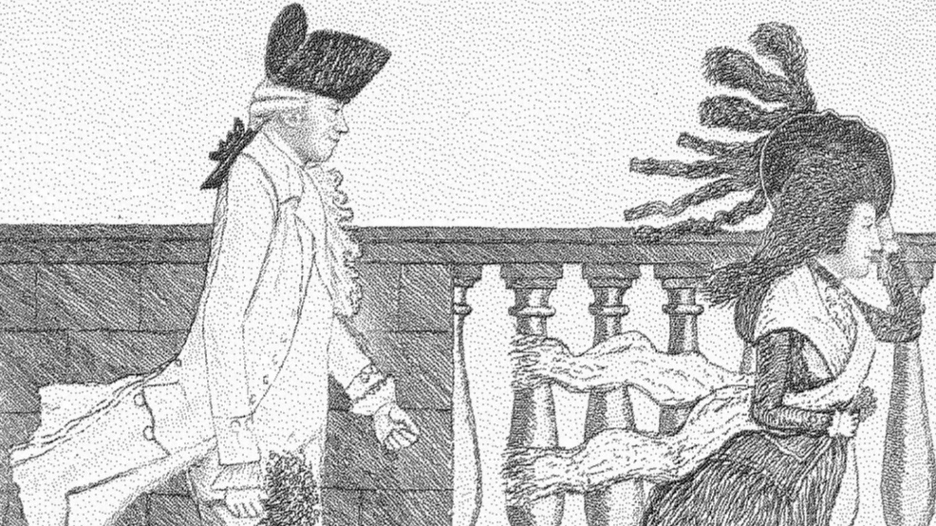 Dr. James Graham going along the North Bridge in a High Wind, caricature portrait of James Graham (1745–1794), Scottish quack and therapist.