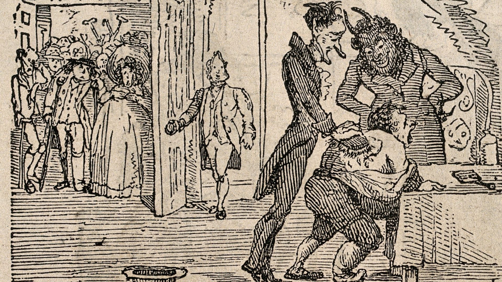 A devil overseeing a man having his back scrubbed; representing John St. John Long and his fatal method of treatment.
Iconographic Collections
Keywords: Crutches; DEVIL; John St. John Long; long, john st, 1798-1834; Caricatures; wood engravings
