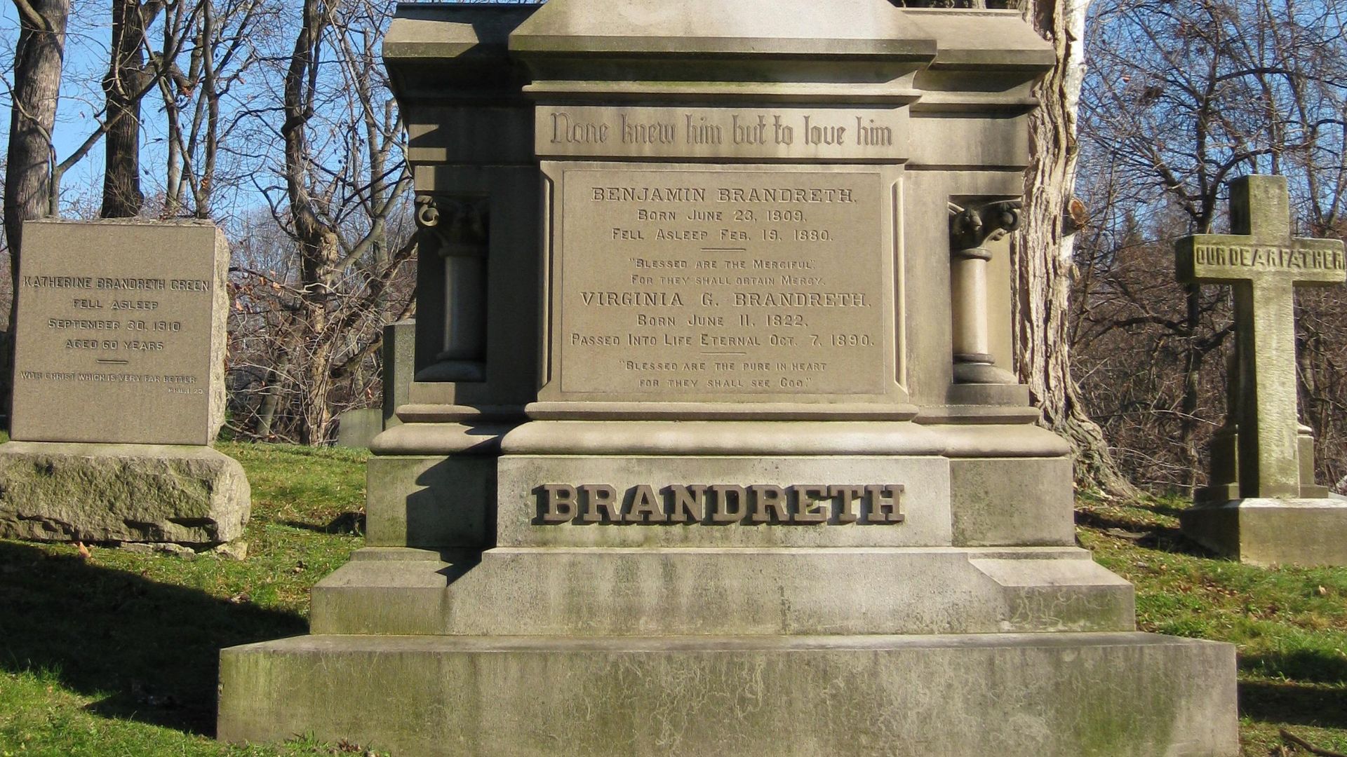 Photograph of the grave memorial of Benjamin Brandreth (1807-1880) at the Dale Cemetery in Ossining, NY, owner of the company that manufactured