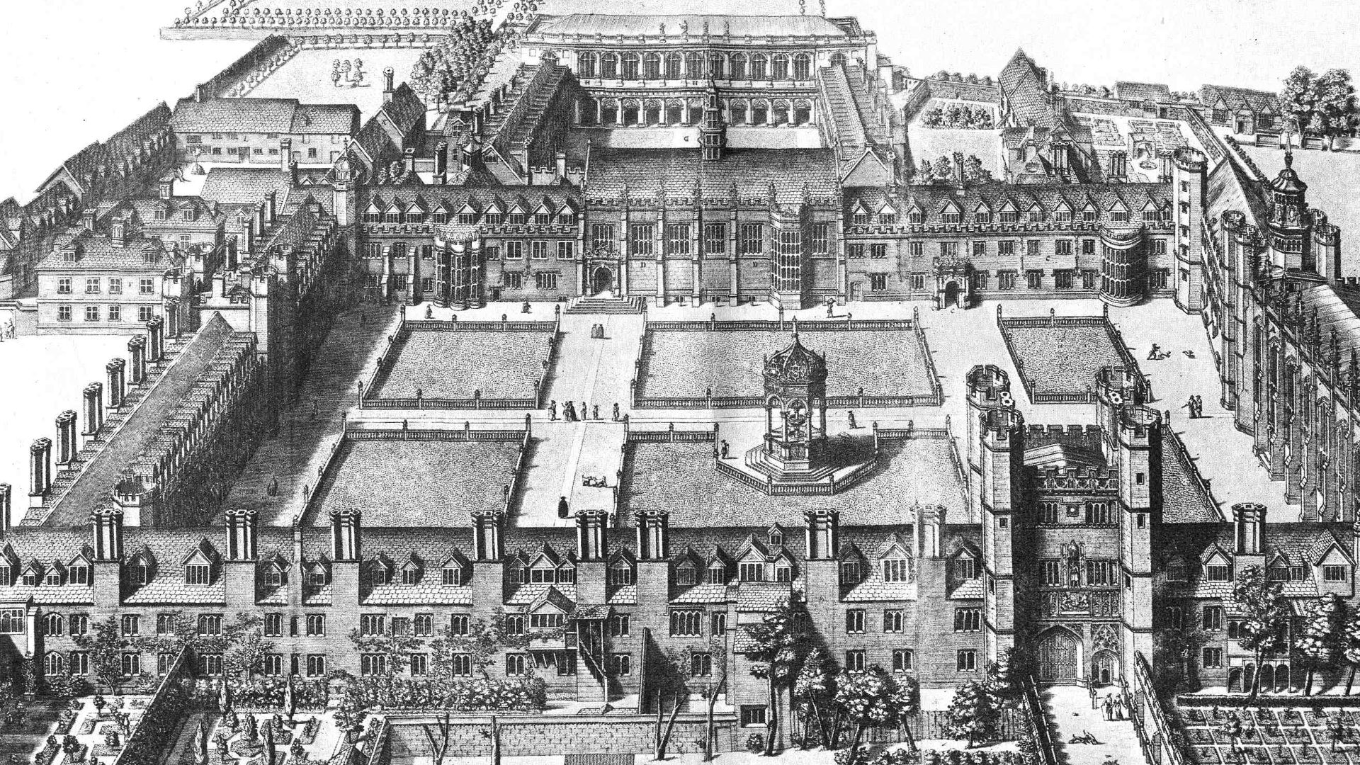 Bird's eye view of Trinity College, Cambridge, with Great Gate and Great Court in the foreground, Nevile's Court and Wren Library in the background