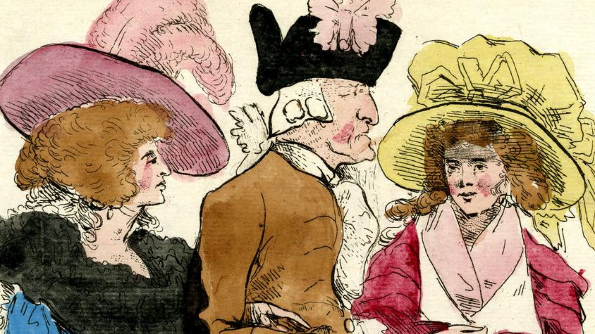 Lord Sandwich walks in profile to the right between two ladies.  One (left), her head in profile, puts her hand on Sandwich's right arm; the other turns full-face.  1 January 1788
Etching