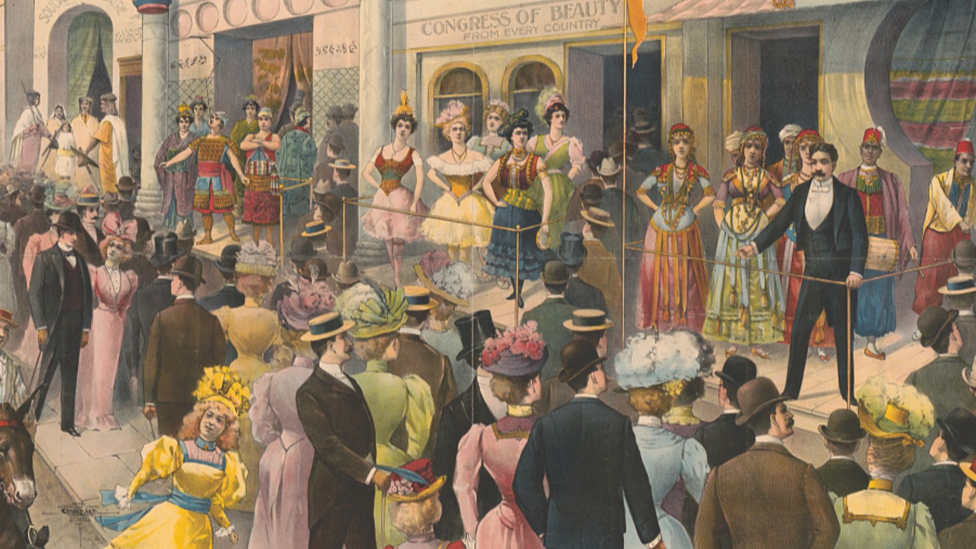 Title: Crowds at a circus sideshow viewing women and some men dressed in costumes of foreign lands
Abstract/medium: 1 print (poster) : chromolithograph, color ; 73 x 107 cm.