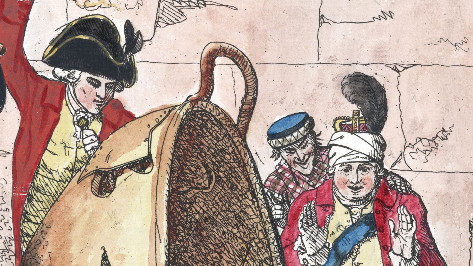 The State Tinkers
SUMMARY:  Three men breaking a large bowl which is cracked and patched. Lord North is shown chiselling inside the bowl, behind the bowl is Lord Sandwich, next to Lord Sandwich is a man identified as Lord George Germain. Behind Lord North