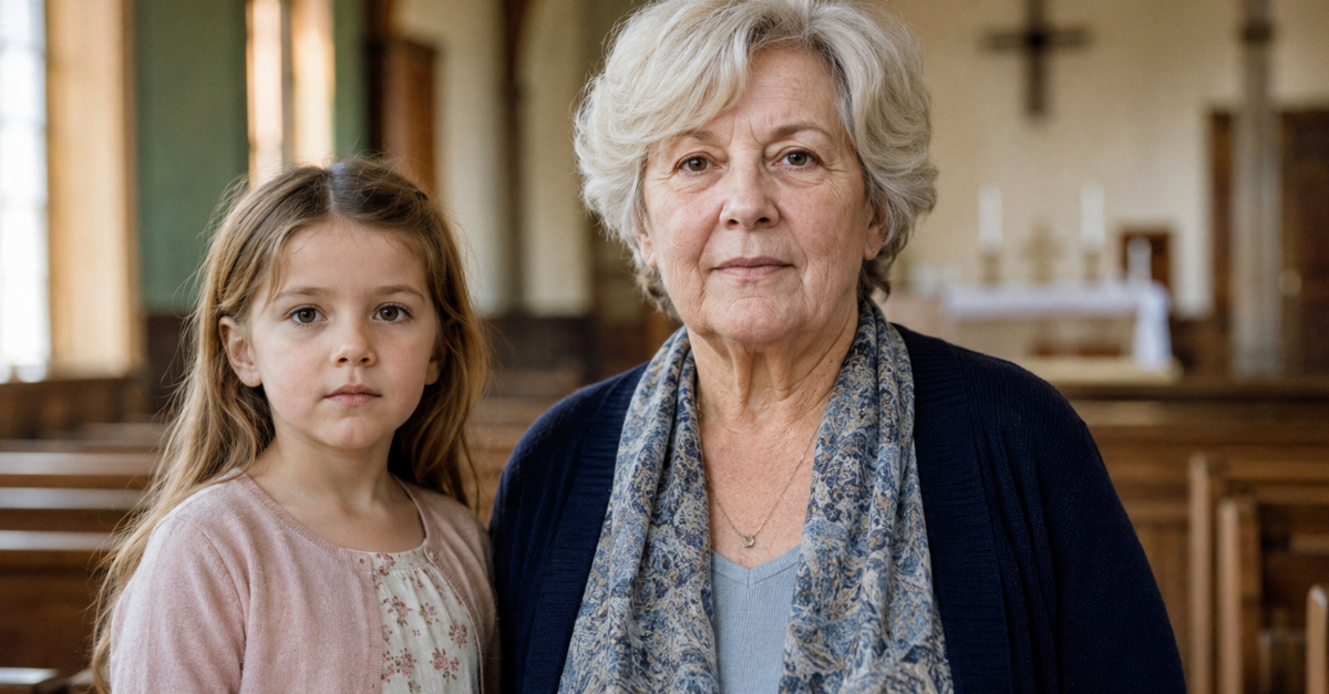 Old woman and kid in church
