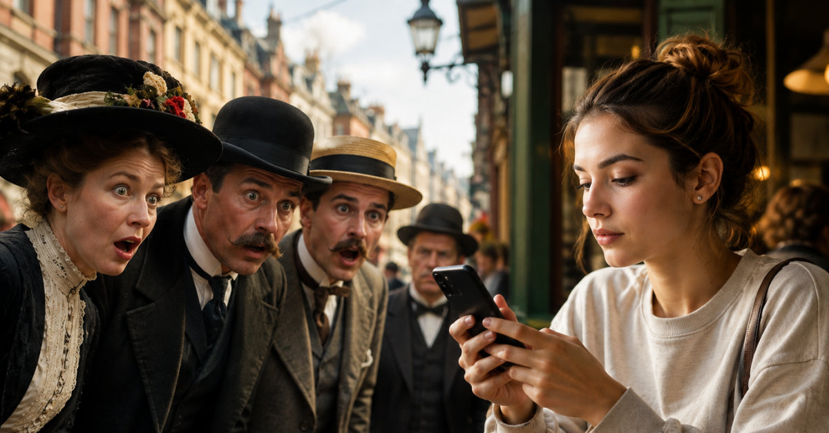 people surprised at modern woman using phone
