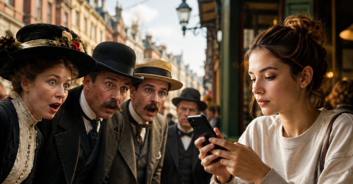 people surprised at modern woman using phone