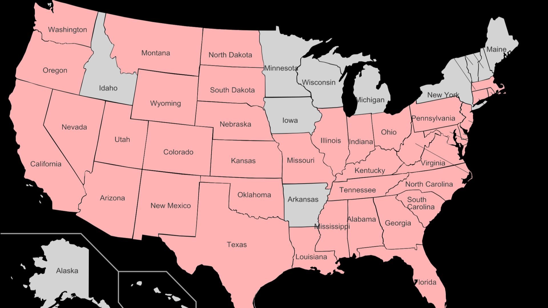 A visual representation of the 36 states which used the Jim Crow law. States coloured red are the ones which used the Jim Crow law.