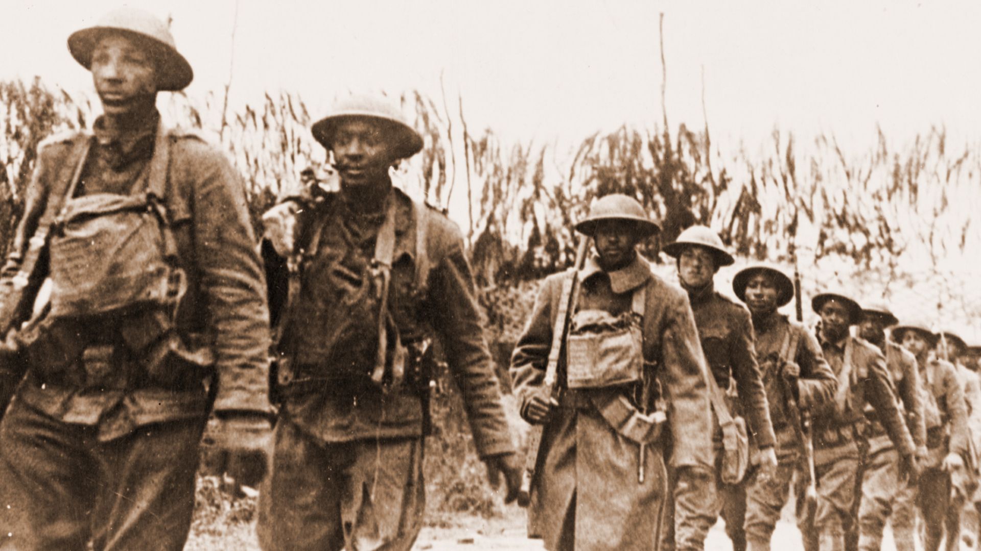 U.S. Army infantry troops, African American unit, marching northwest of Verdun, France, in World War I.