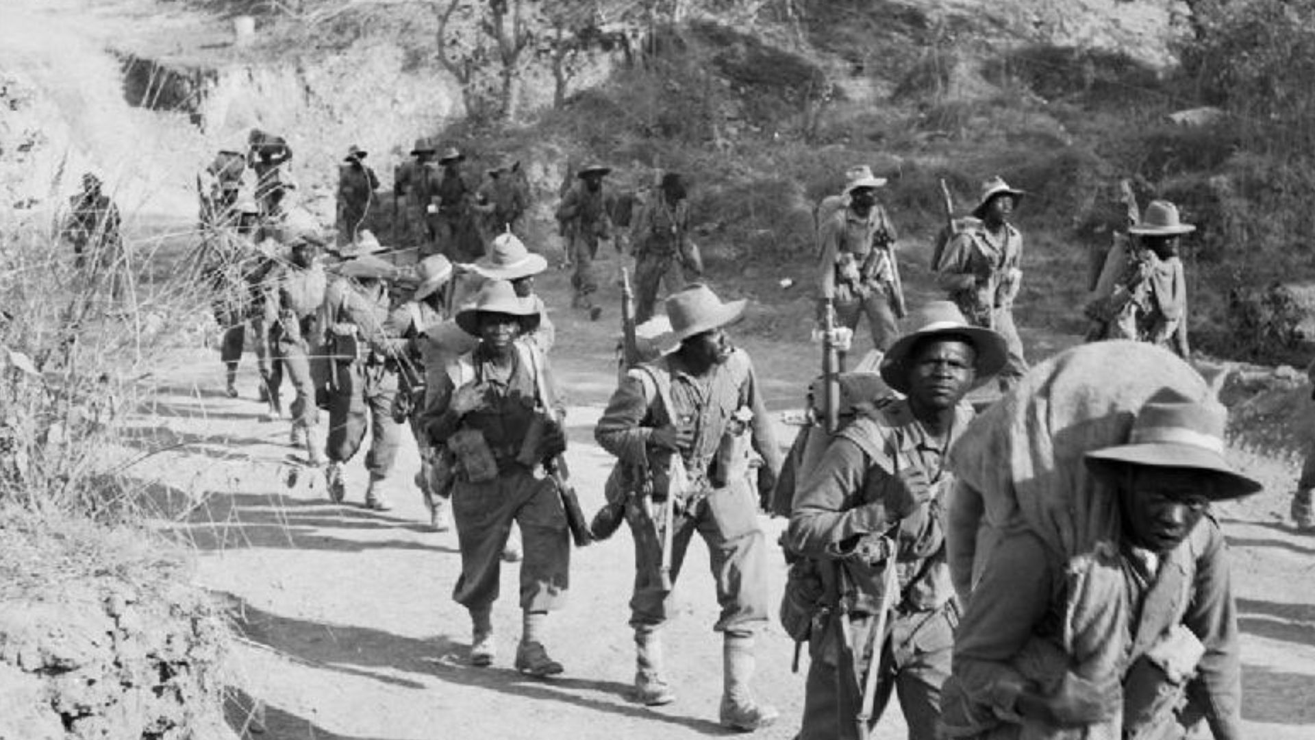 African Troops in Burma during the Second World War
Troops of 11th East African Division on the road to Kalewa, Burma, during the Chindwin River crossing.