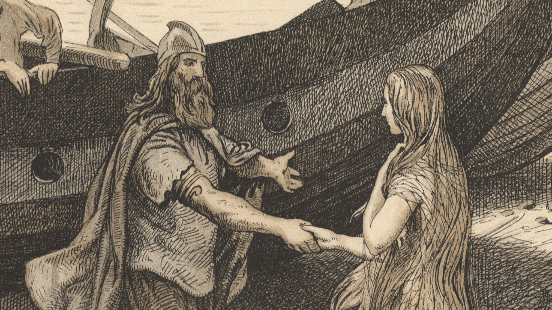 w:Ragnar Lodbrok meets Kraka. Colour lithograh on paper, glued on cardboard.  
Signed lower left: L. M. Moe 91. Text: Danmarks Historie i Billeder XII. Regner Lodbrogs møde med Kraka. Alfred Jacobsens litogr. Etablissement, København K. 
The collection co