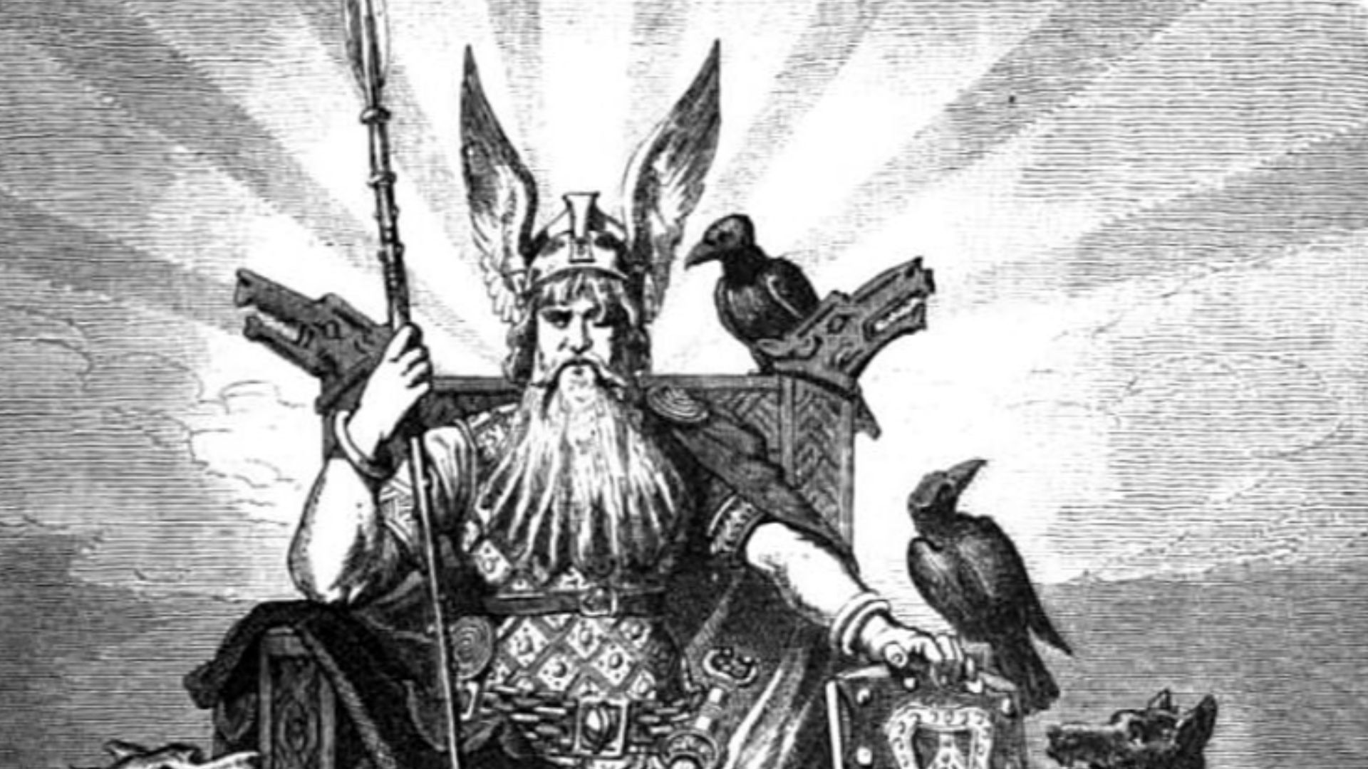Odin, der Göttervater. Odin enthroned with weapons, wolves and ravens.