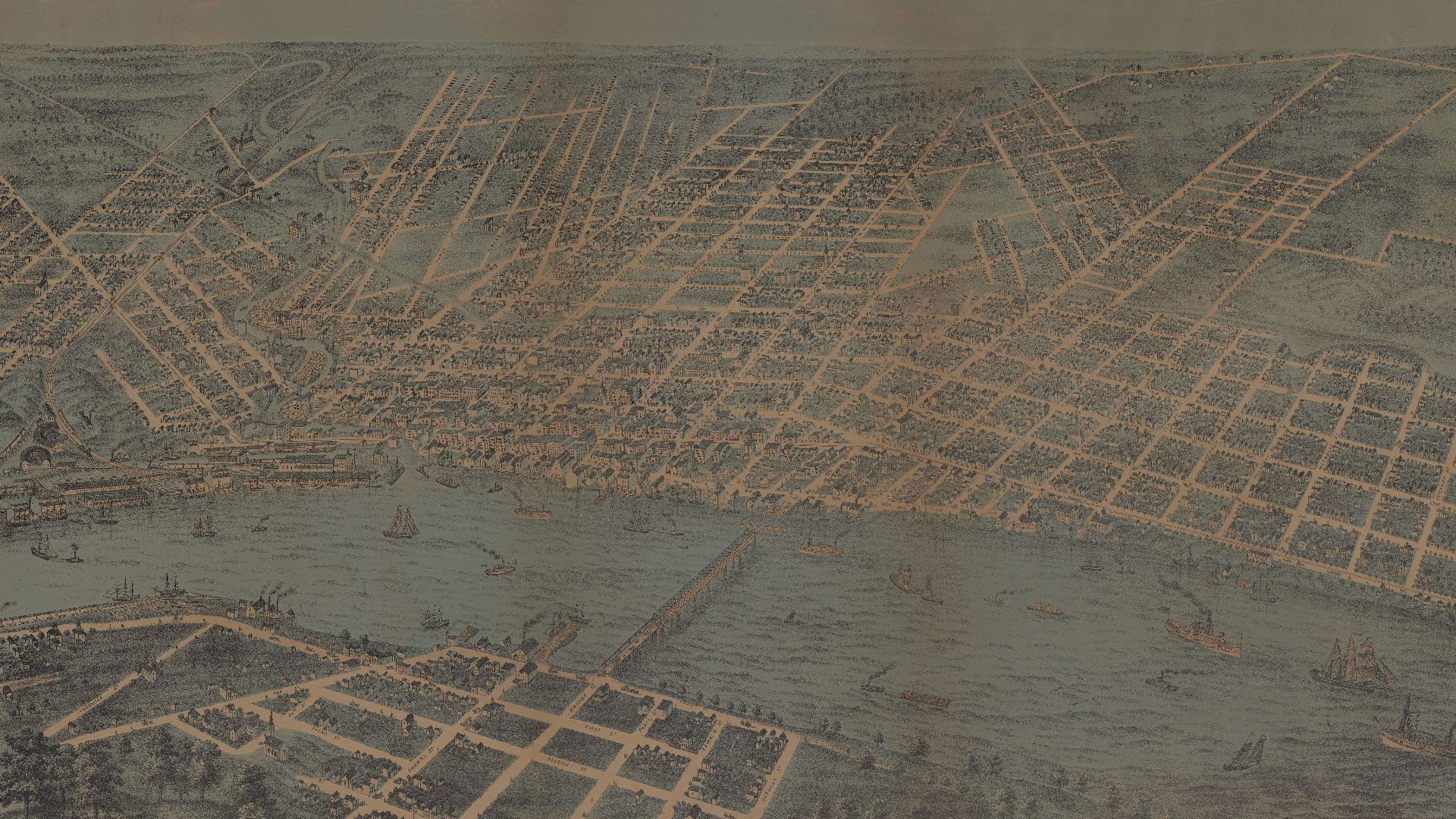 A bird's eye view of the city of Toledo, Ohio published by Ruger and Stoner of Madison, Wisconsin in 1870. An aerial view showing Toledo looking from the Maumee River. Map includes a list of buildings and churches.