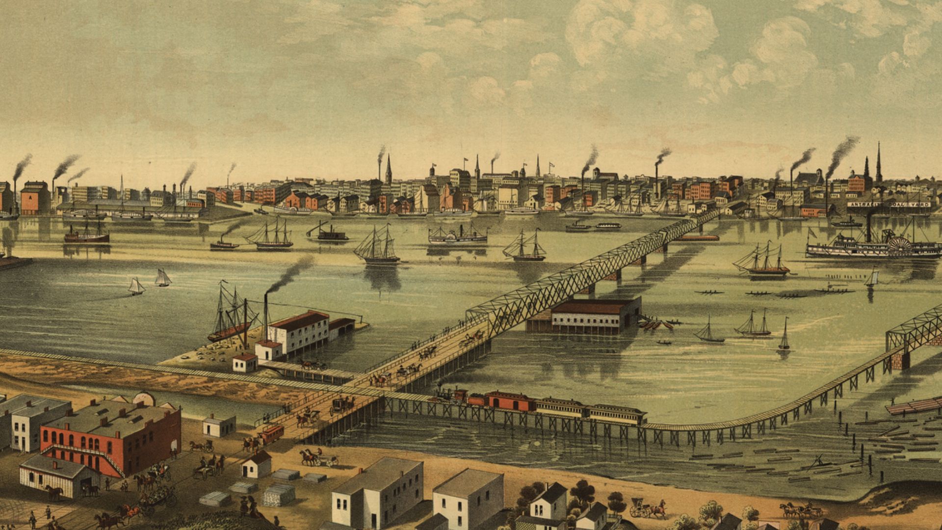 This panoramic map shows Toledo, Ohio, as it appeared in 1876. Toledo is located at the western end of Lake Erie and is where the Miami and Erie Canal enters the lake. The map shows a busy harbor and major points of interest, including freight elevators, 