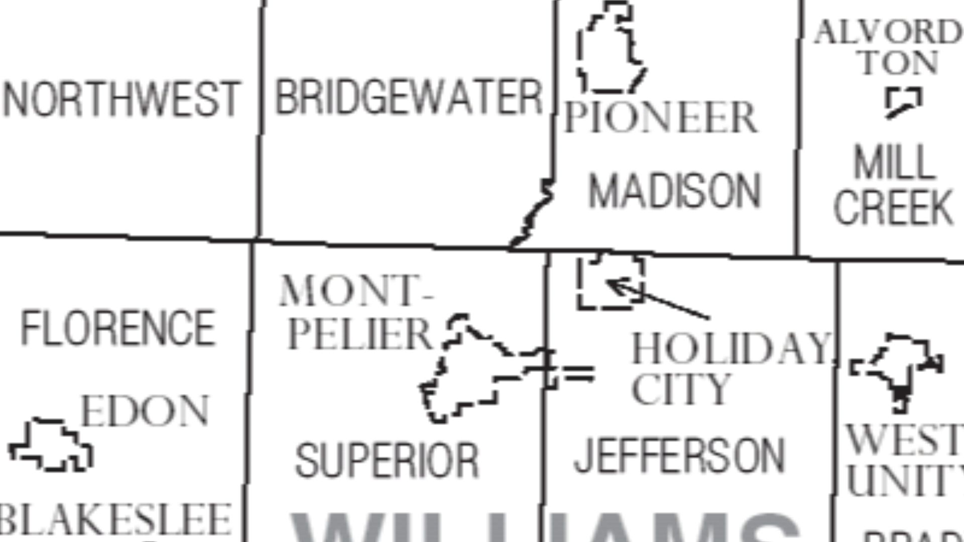 Map of Williams County, Ohio, United States with township and municipal boundaries