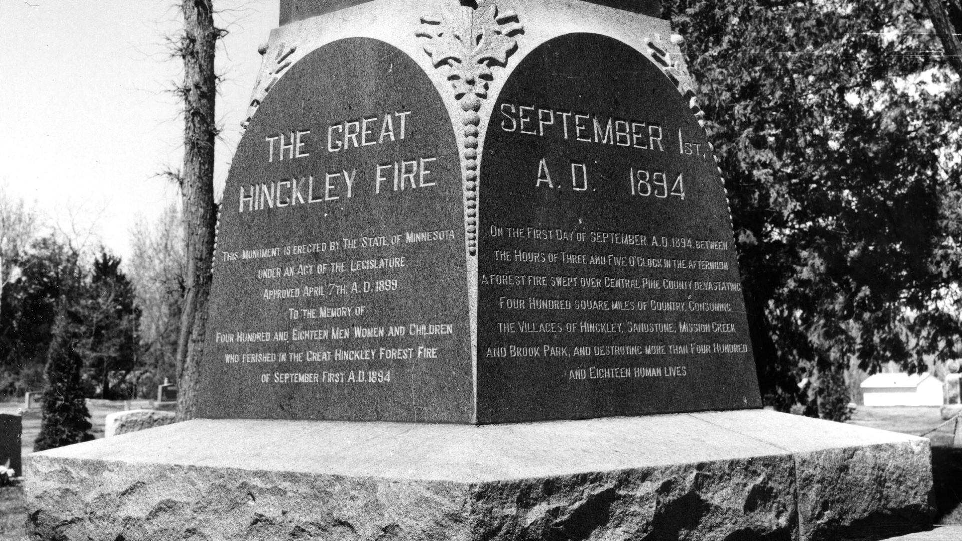 Hinckley monument of the 1894 forest fire. Hinckley, Minnesota. (Forest Service photo by Donald A. Haines)