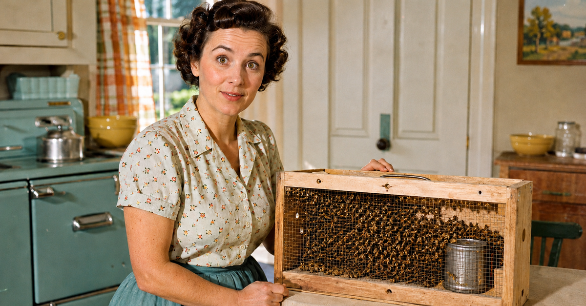 A smiling woman sits beside a mesh-covered package filled with live bees.