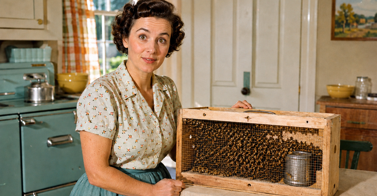 A smiling woman sits beside a mesh-covered package filled with live bees.