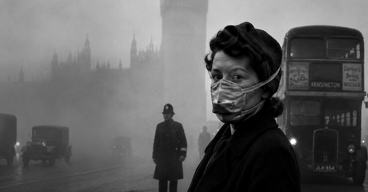 woman in mask in smoggy London