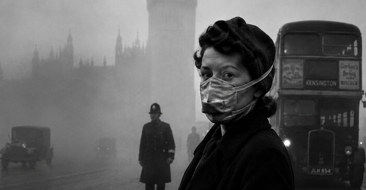 woman in mask in smoggy London