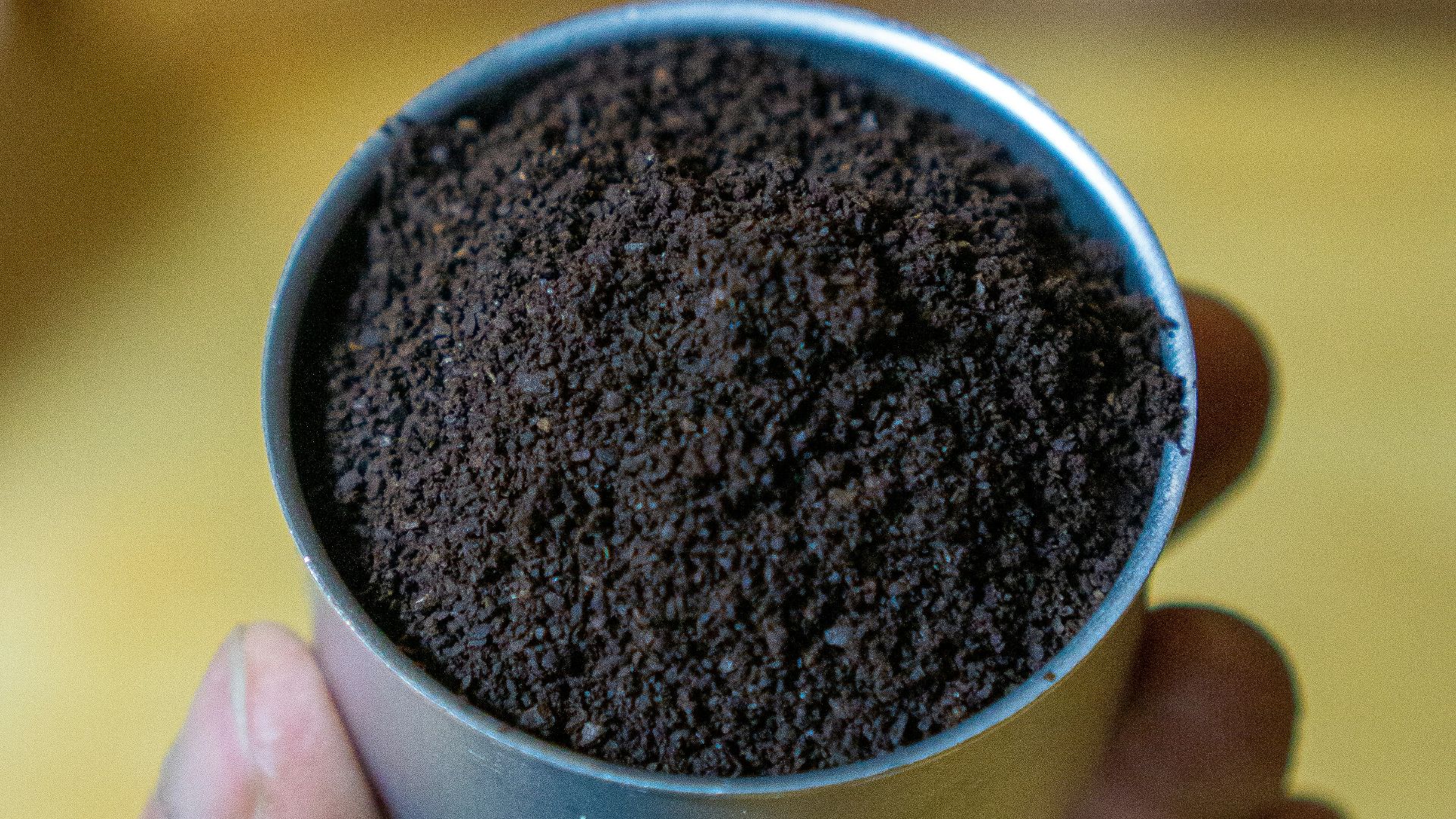 person holding black and silver round container