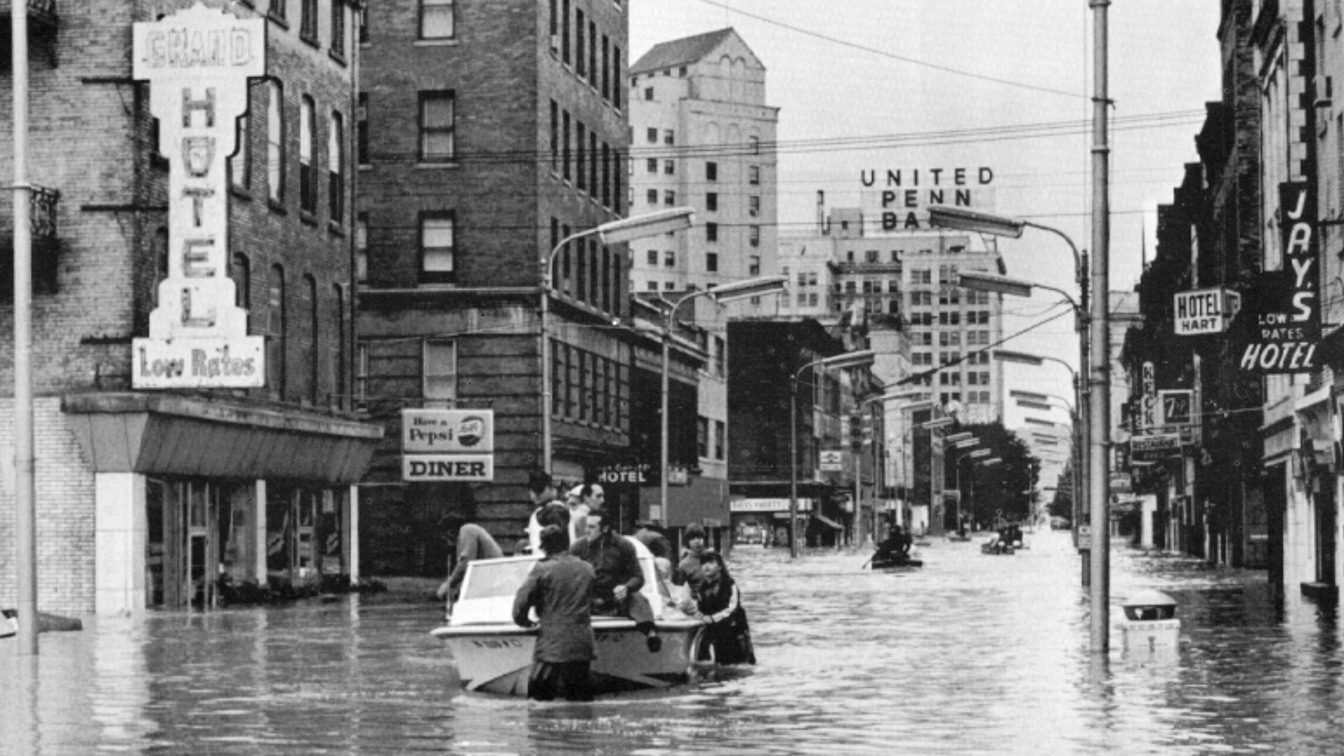 Flooding in downtown Wilkes-Barre after heavy rainfalls with Hurricane Agnes.