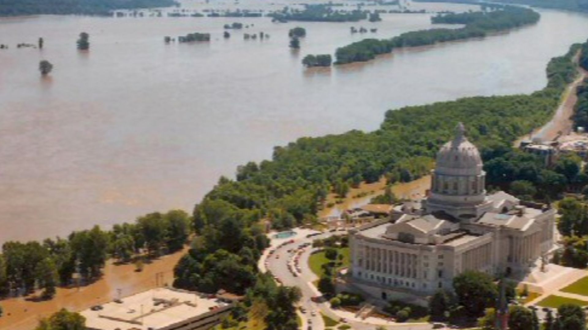 US Army Corp of Engineers photo of the Missouri River's damage to US Highway 63, Jefferson City, Missouri, near the Missouri Capitol building during the