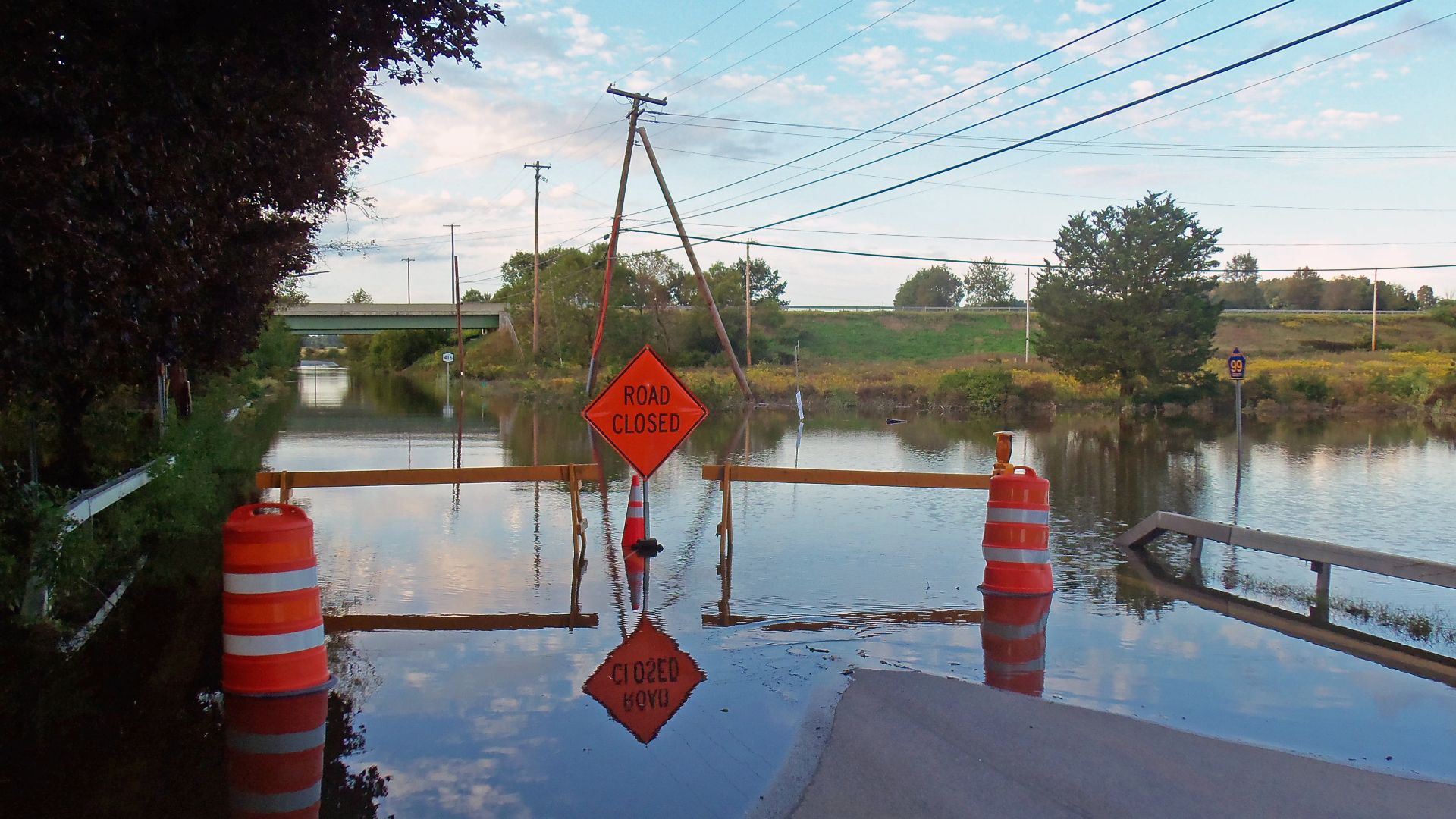 NY 416 flooded by nearby Wallkill River, already high after Hurricane Irene, following Tropical Storm Lee, south of Montgomery, NY, USA