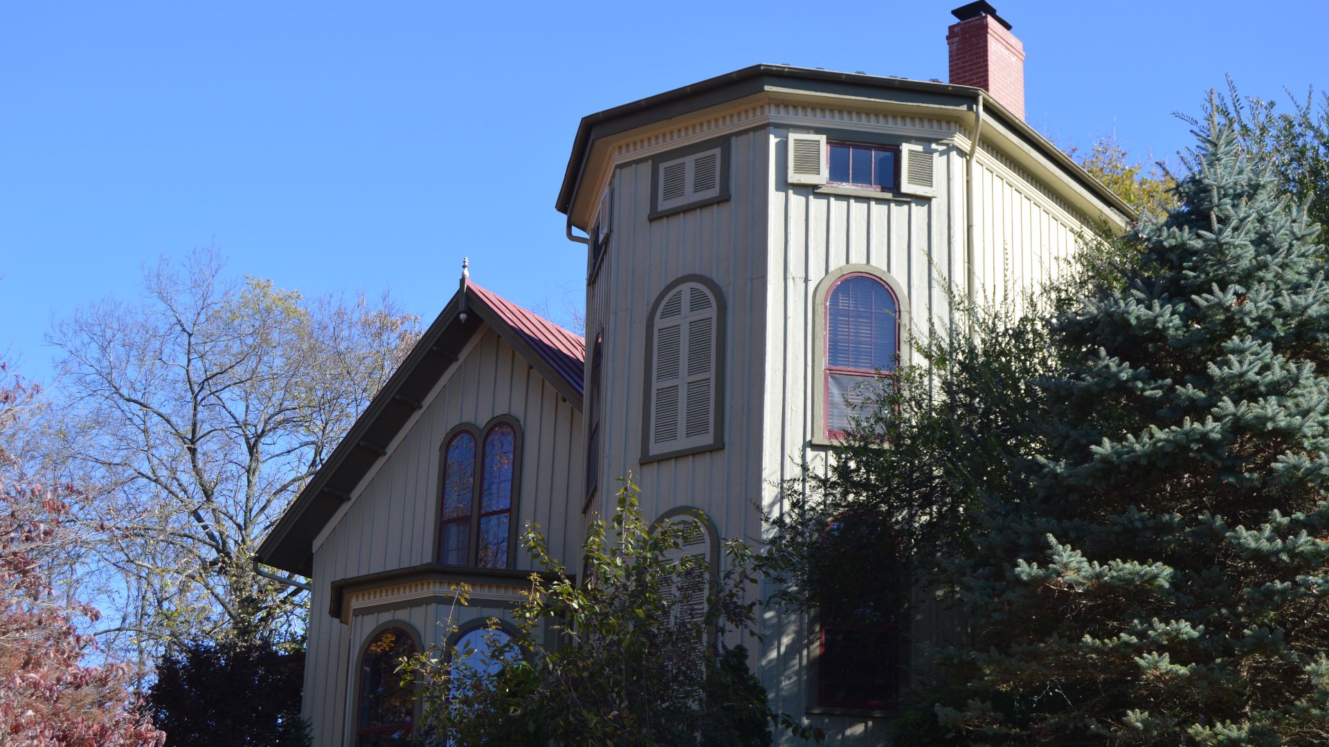 Front of the Sears House, located in Woodrow Wilson Park in Staunton, Virginia, United States. Built in 1866 and the home of Barnas Sears for thirteen years, it is listed on the National Register of Historic Places.