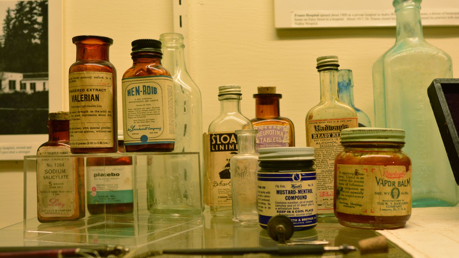 Patent medicine bottles, Skagit County Historical Museum, La Conner, Washington, U.S.