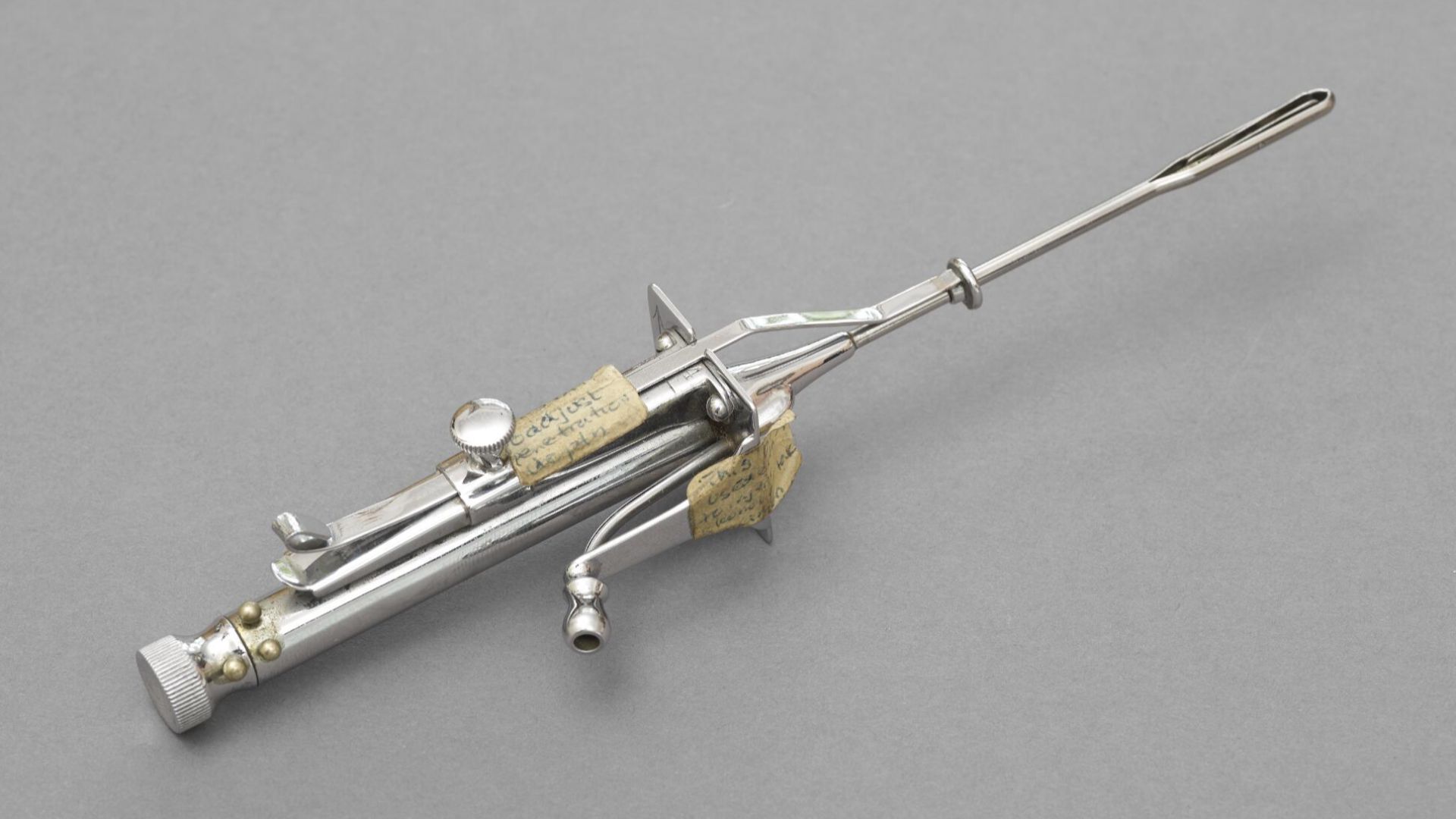 A stainless steel leucotome, designed by Neurosurgeon Dr John Crumbie. Used to perform 20 leucotomies at Croydon Mental Hospital.
