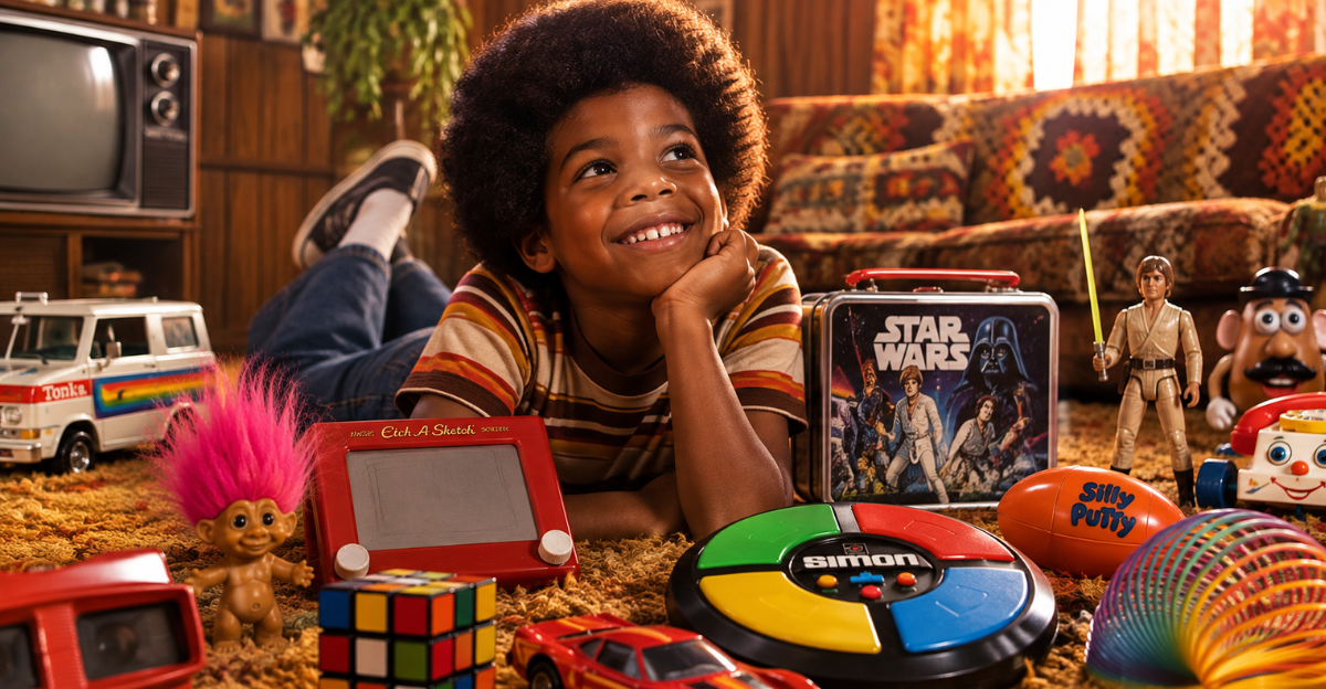 70s child with 70s toys