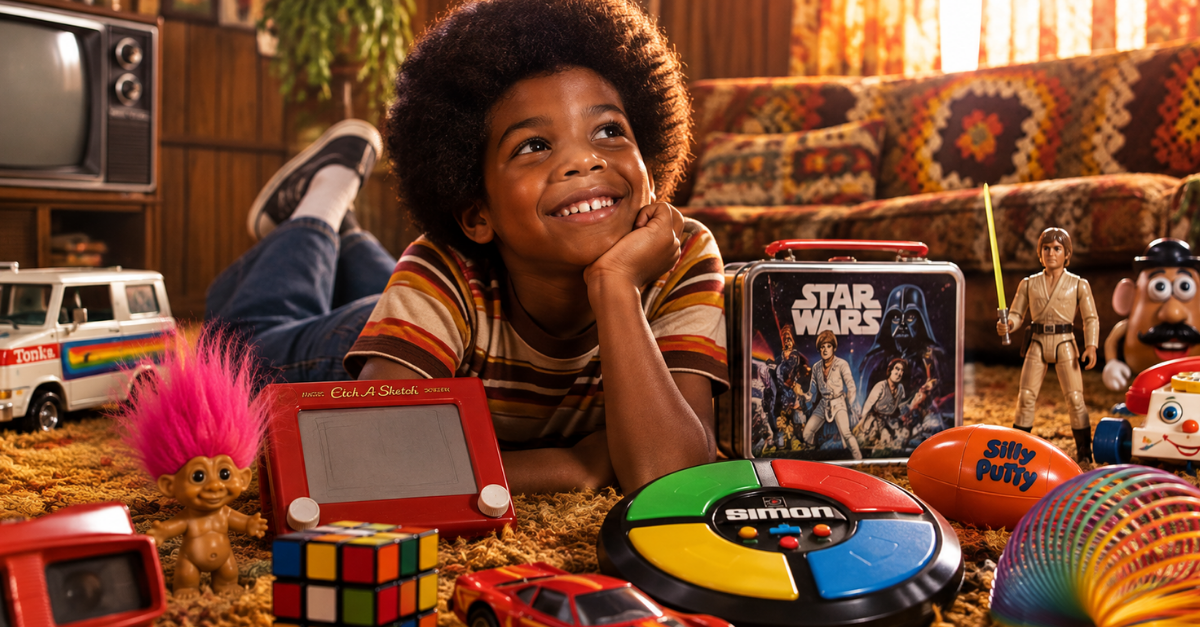 70s child with 70s toys