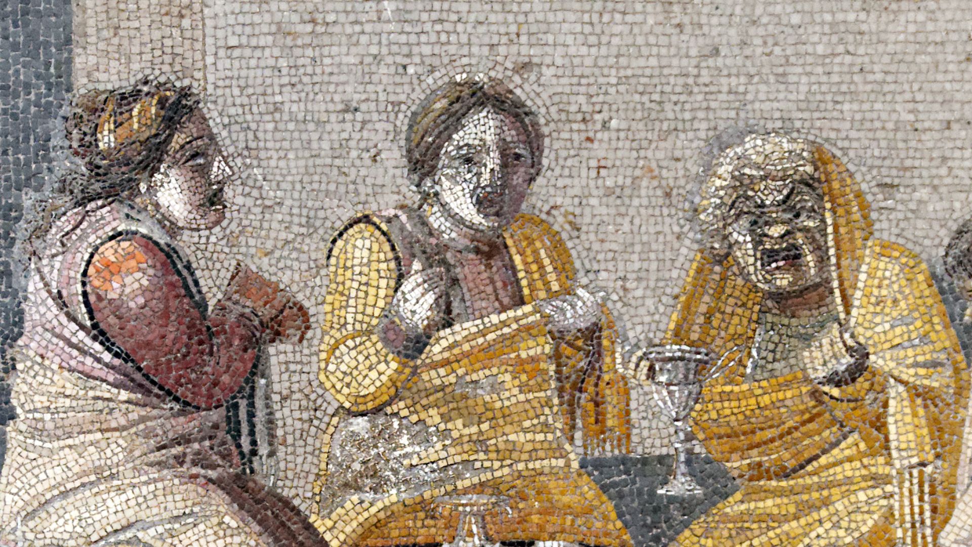 A consultation with the witch, comedic scene, Roman mosaic.