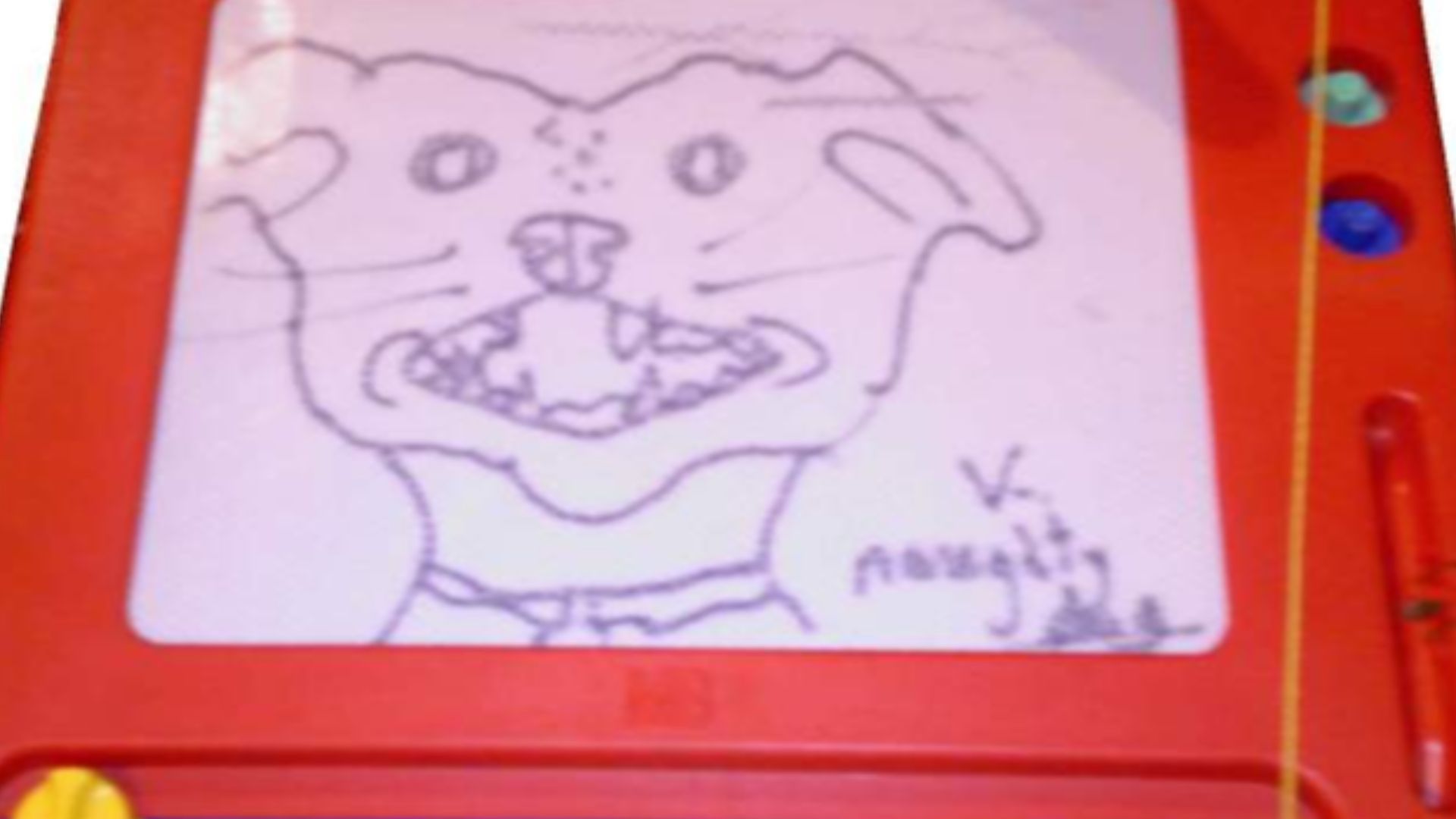 A w:Magna Doodle drawing toy (w:Milton Bradley Company, ca. 1995) with a drawing by me.  Shown complete apart from the yellow stylus.
