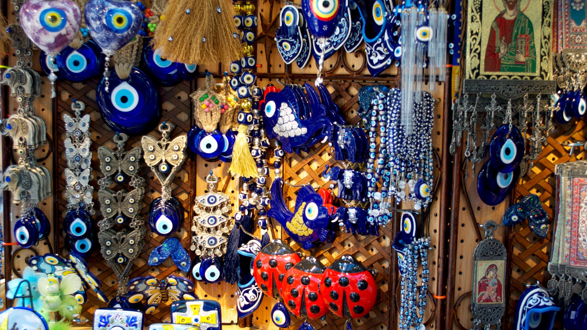Nazars (Greek evil eye charms) sold in a shop near Quincy Market, Boston, United States.