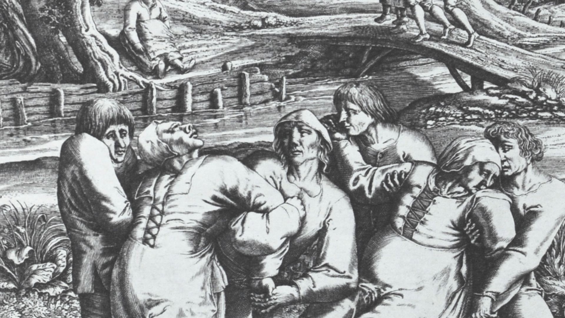 Kupferstich von Hendrik Hondius (1573 - 1649) nach einer Zeichnung Pieter Bruegels des Älteren aus dem Jahre 1564: Die Wallfahrt der Fallsüchtigen nach Meulebeeck (einem Ort in der Nähe von Brüssel). Es wird vermutet, dass Breugel Augenzeuge dieser Ereign