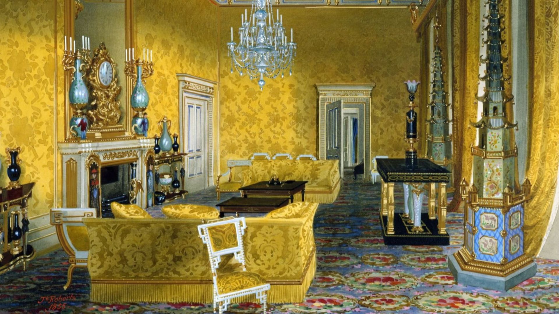 A watercolour of the Yellow Drawing Room at the south-east corner of Buckingham Palace.